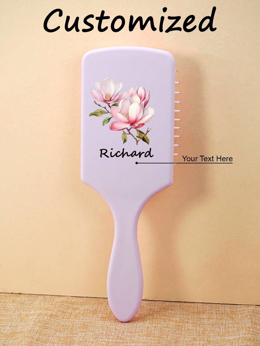 1 pieza Peine personalizado a medida, peine cuadrado grande con cojín de aire y mango, cepillo para desenredar el cabello, adecuado para mujeres, hombres y niños, peine para desenredar el cabello y dar masaje en el cabelludo, para cabello fino/rizado/seco, patrón de flor colorida y nombre personalizados, regalo para amigos, familia, niños, niñas, dama de honor - Púrpura