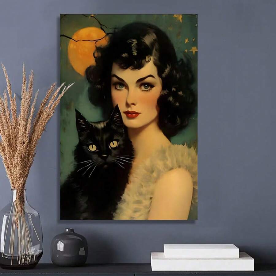 1 Pc Unique Wrapped Wooden Frame Canvas Poster, Vintage Witch Holding Her Cat Under The Full Moon Of Halloween Canvas Wall Art Home Decor, Elegant Poster Wall Decorative Living Room Bedroom Kitchen Office Cafe Ready To Hang Wooden Frame,Posters,Stickers,Wall Art,Spring Decoration Items Refesh Your Home,Rama Decoration Stickers