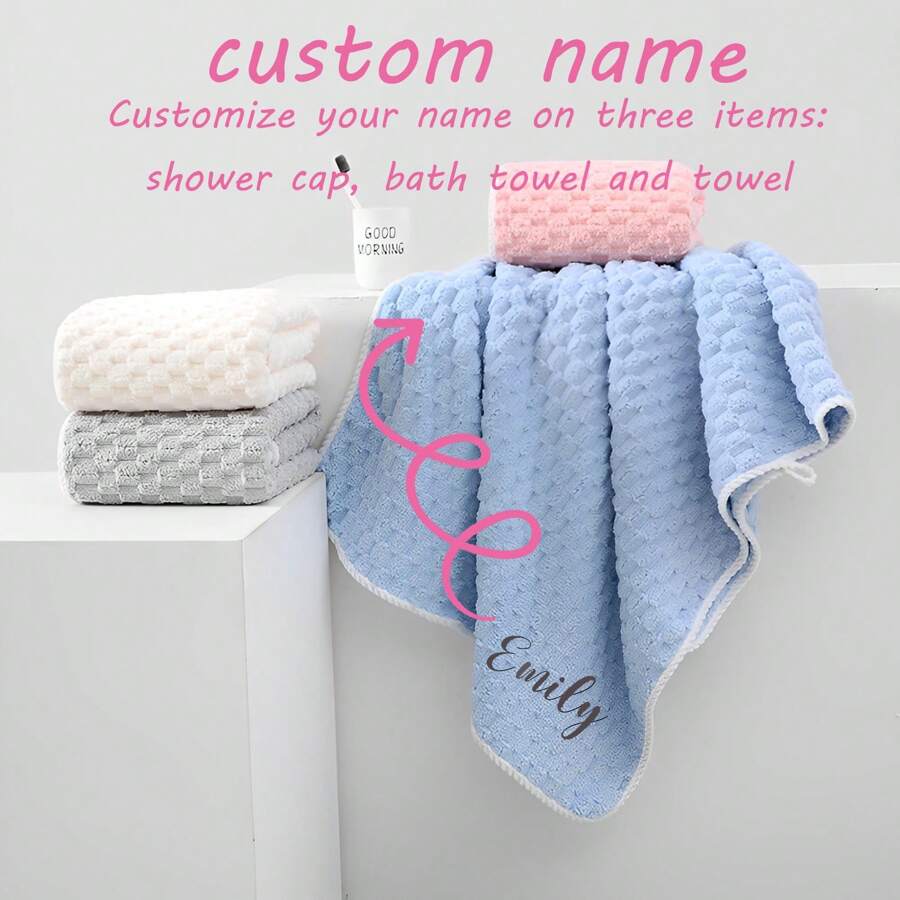 1set Solid Coral Fleece Bathrobe, Bath Towel, Hair Turban 3 Pieces Set, Birthday/Wedding Gift, Party, Daily Use, Customized Name Towel Home Bathroom Decor Fall Decor Beach Essentials Back To School