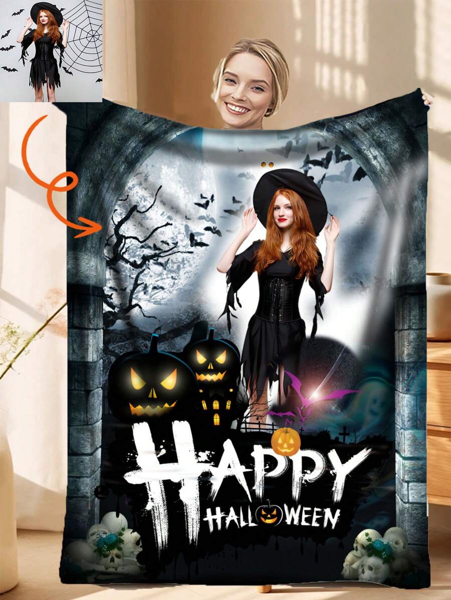 1pc Personalized Halloween Custom Print Plush Fleece Blanket, Soft And Warm Memorable Moment Blanket, Great Holiday Gift For Classmates, Friends, Family And Lovers, For Sleeping, Camping, Travel