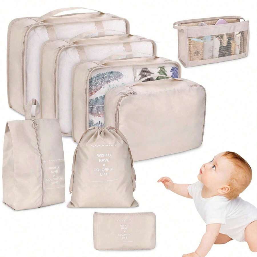 8 pièces Set organisateur de sac de maman - Accessoires premium pour les voyages et l'utilisation quotidienne, avec un sac à linge, un sac à chaussures de compression et des organiseurs séparés pour les vêtements et les sous-vêtements. Idéal pour un rangement efficace et la commodité en déplacement. Amour Saint Valentin