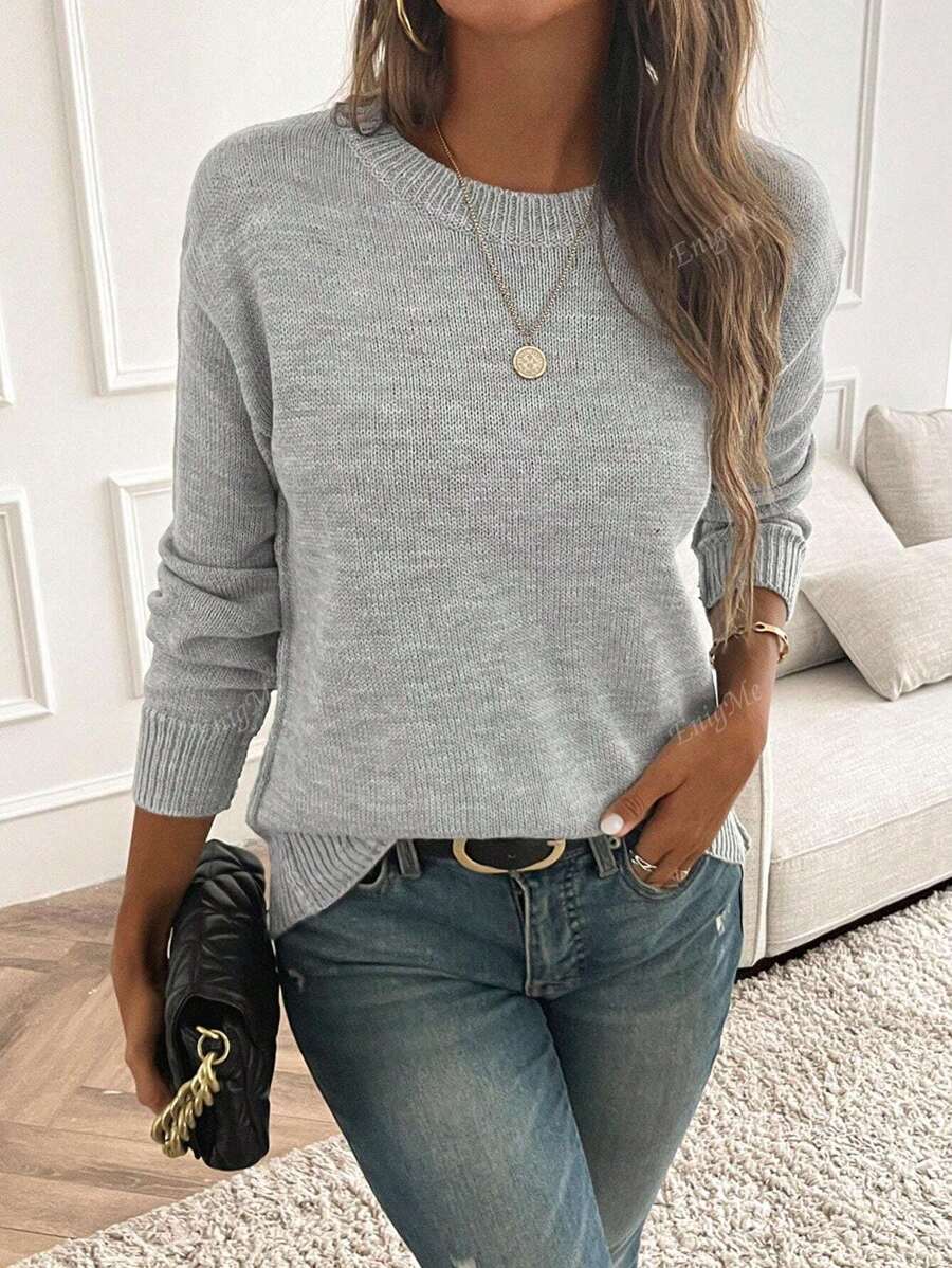 Nieuw design damesmode minimalistische ronde hals drop schouder lange mouw trui