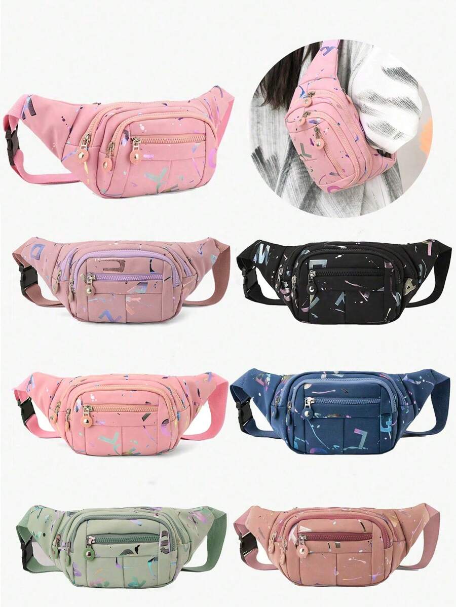 1pc Fashion Colorful Nylon Zipper Closure Casual Versatile Multi-Pocket Fanny Pack/Chest Bag/Shoulder Bag, Suitable For Daily Outing, Holiday, Travel, Random Print Design