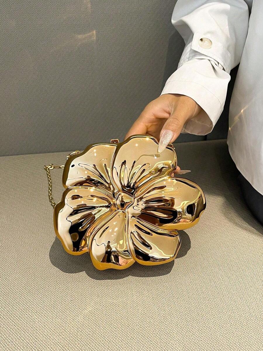1 Stylish Solid Color Messenger Bag Metallic Flower Shape Evening Clutch Bag, For Wedding Party Formal Dress Accessory, Lipstick, Coin Purse, Jewelry Pouch, With Detachable Chain Strap, Chic Gift For Her