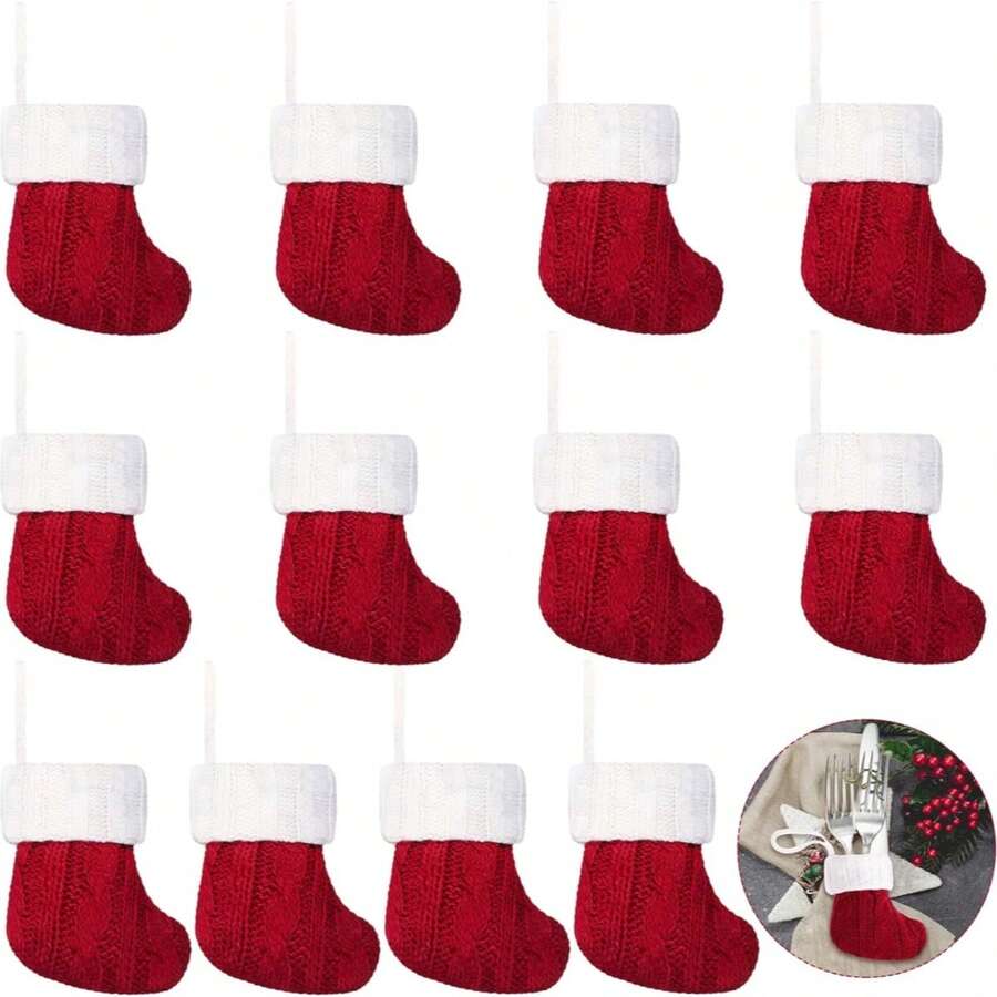 Decoraciones navideñas - Juego de cubiertos en forma de calcetín navideño miniatura, 12 piezas, calcetines navideños clásicos pequeños para decorar la chimenea, decoraciones colgantes para fiestas navideñas
