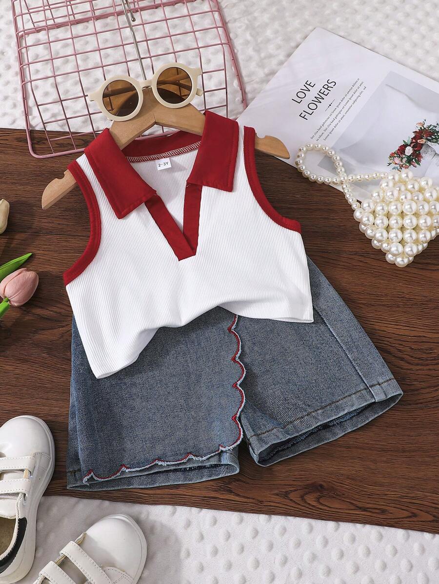 Conjunto informal de niña joven con top de tirantes de cuello cuadrado y falda short asimétrica en A
