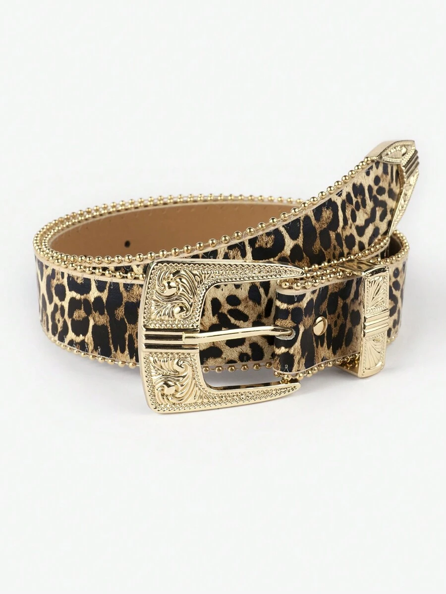 1pc Floral PU Leather Casual Belt For Women, With Fashionable Metal Buckle, Studded Decoration, Versatile Everyday Wear Halloween Leopard Print Summer, School