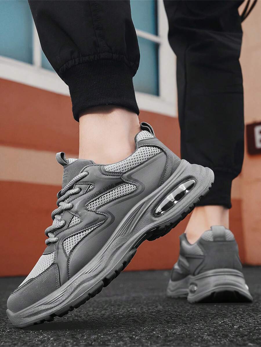 2024 New Arrival Gray Sneakers For Men, Leather & Mesh Panels, Breathable, Thick Sole, Cushioned, Low-Top, Versatile Casual Walking Shoes, Outdoor Work Shoes