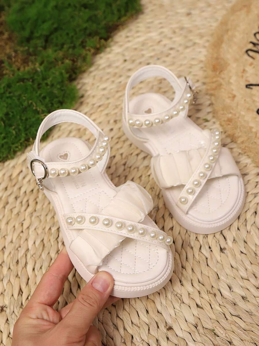 1 Paar Mädchen Perlen Spitze dekorierte Sandalen mit Metallschnalle Anhänger, Haken- und Schlaufenverschluss, niedlicher Prinzessinnen Stil, atmungsaktive weiche Flache Sandalen