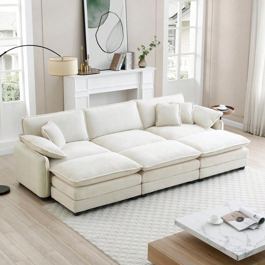 Oversized Modular Cushioned Sofa,With 3 Ottomans To Work As Sleeper Sofa Beds, 3-Seater Sofa With 3 Footstools, Beige Corduroy Fabric