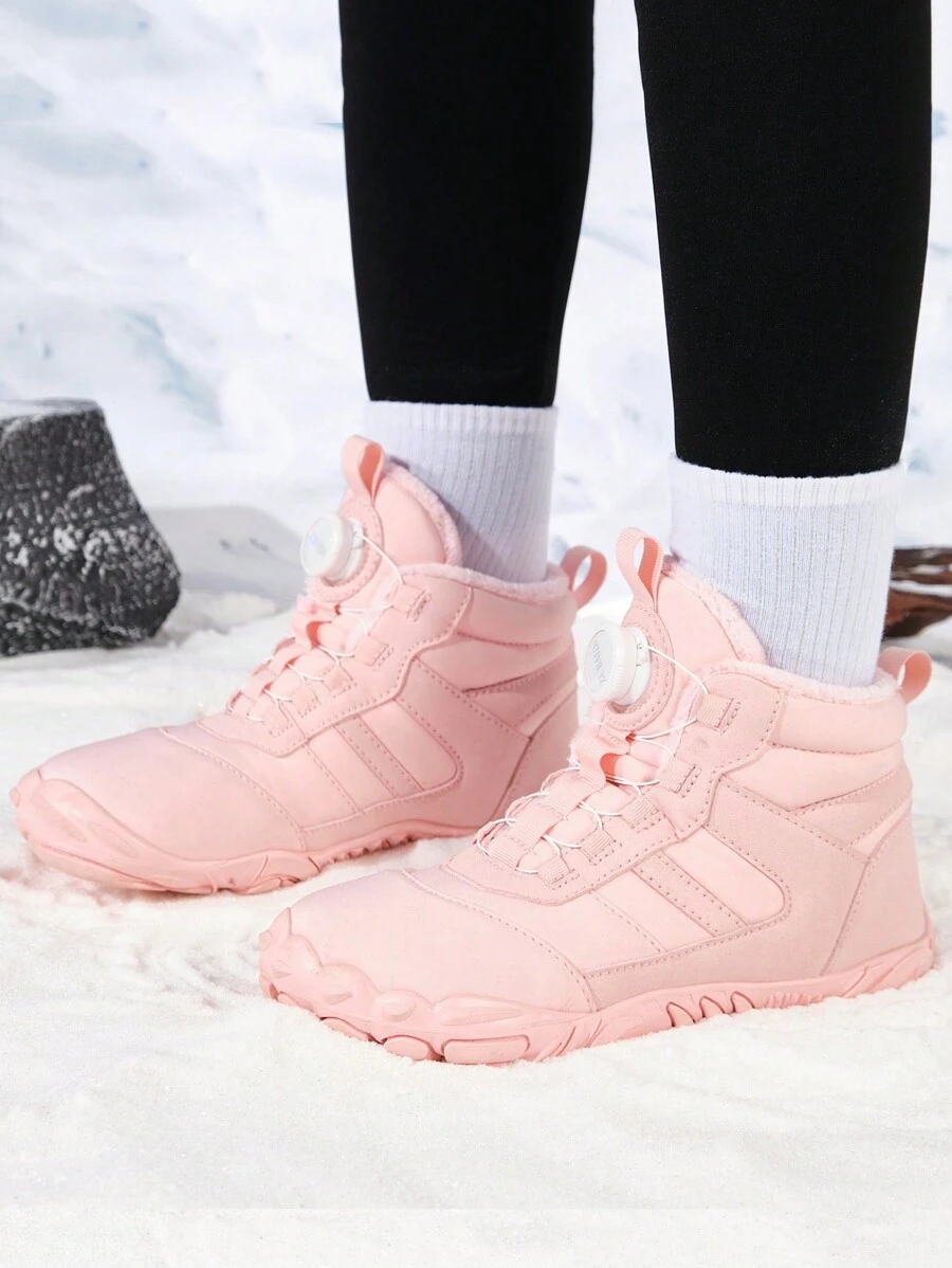 Women's Fashionable Outdoor Sports Boots, Stylish Patchwork Rotary Buckle Design, Warm & Comfortable Thick Plush Snow Boots, Suitable For Outdoor Daily Hiking, Anti-Slip & Waterproof Snow Boots, Parent-Child Style (Rotary Buckle Color May Vary Due To Photography Angle And Lighting)