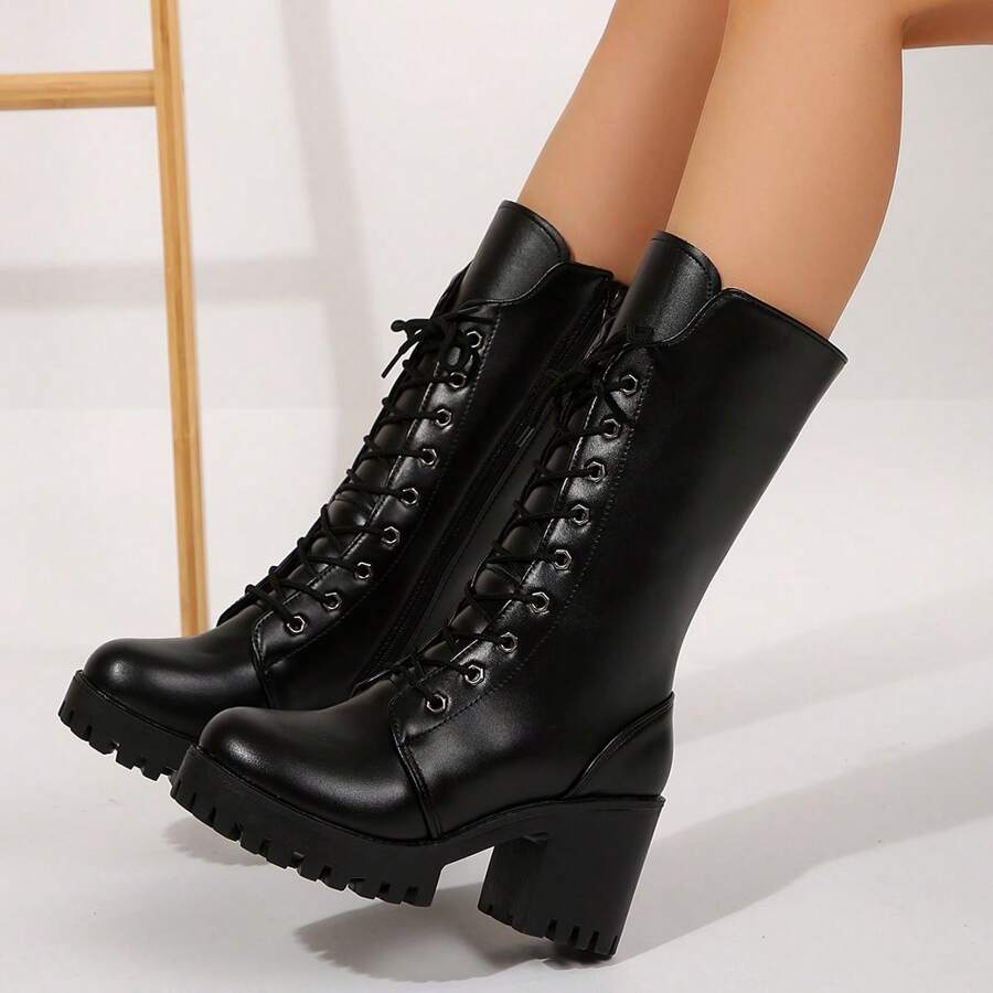 Black Dress Lace-Up Thick Sole Knee-High Riding Boots Vintage Boots For Women