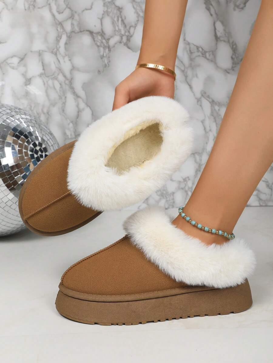 Thick Fluffy Lined Christmas Slip-On Snow Boots, Plush Warm Indoor House Slippers, Outdoor Anti-Slip Boots For Women, Brown