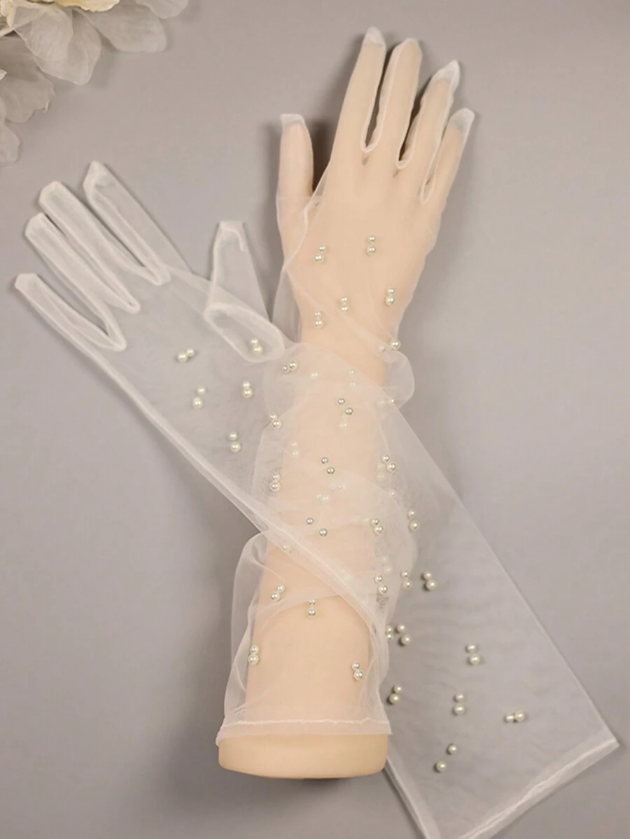1 Pair White Faux Pearl Gloves, Fashionable Bride Baroque Wedding/Performance/Party 5-Finger Gloves Autumn Accessories