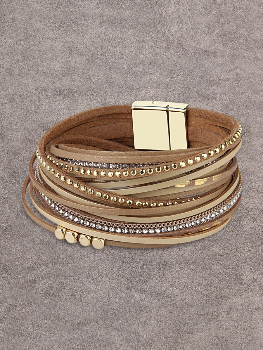 1pc Snake Pattern Leather Wrap Bracelet With Crystal Studs, Bohemian Style Wristband For Men, Gift For Women/Wife/Mother