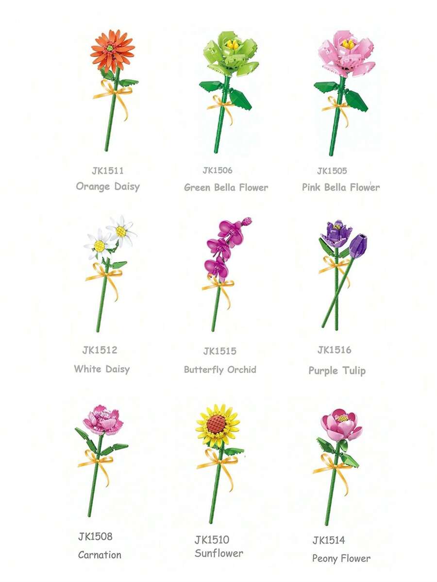 1 set de blocs de construction floraux, série de fleurs colorées pour le DIY, comprenant Bella Flower, Marguerite, Tulipe, Kapok, Pivoine Œillet, Orchidée Papillon, 1 set de 10 fleurs avec plus de 1000 pièces au total. Idéal pour les vacances, la Fête des pères, la Fête des mères, les mariages, la décoration de mariage, les cadeaux de remise des diplômes.