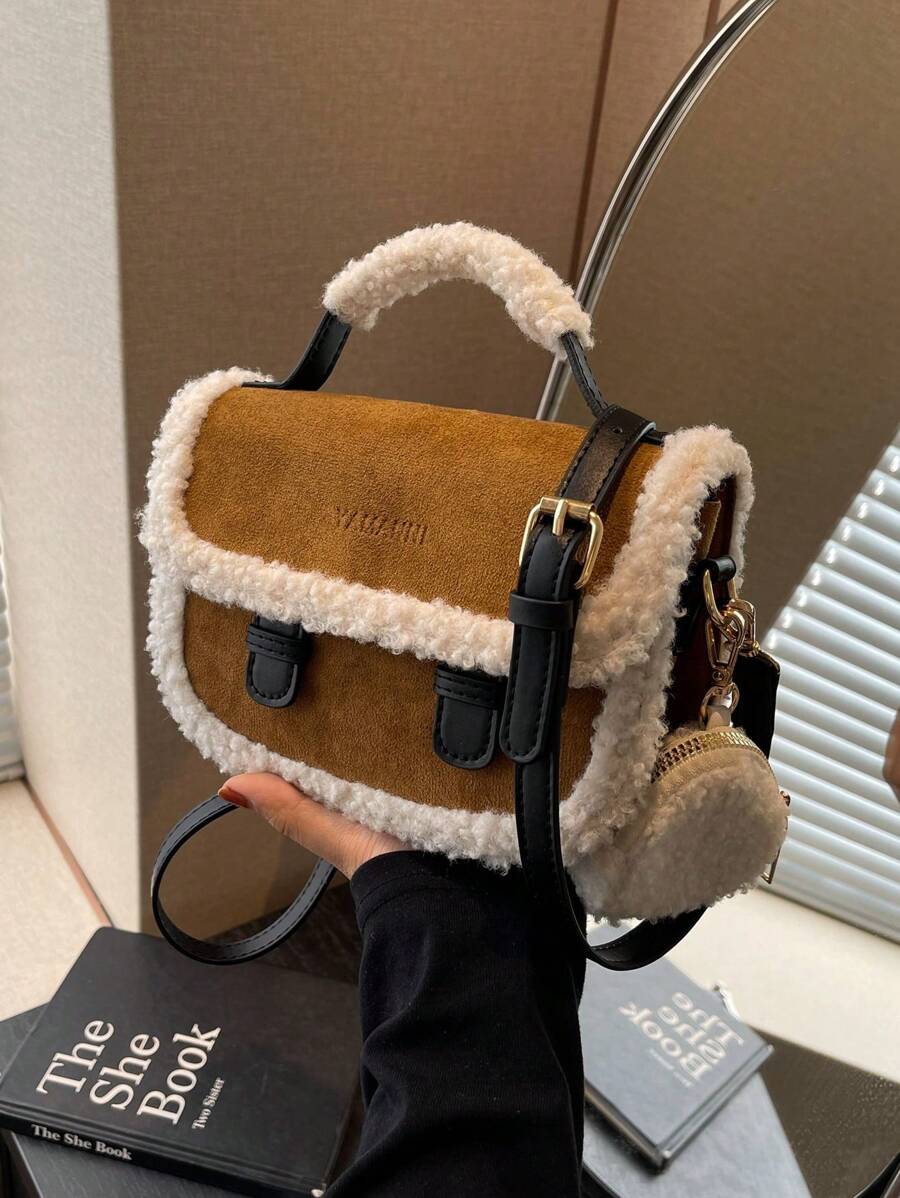 Bolso de mano tipo tote mini marrón retro con borde esponjoso, bolso, nuevo bolso de pelo, bolso inspirado en el estilo retro para mujeres