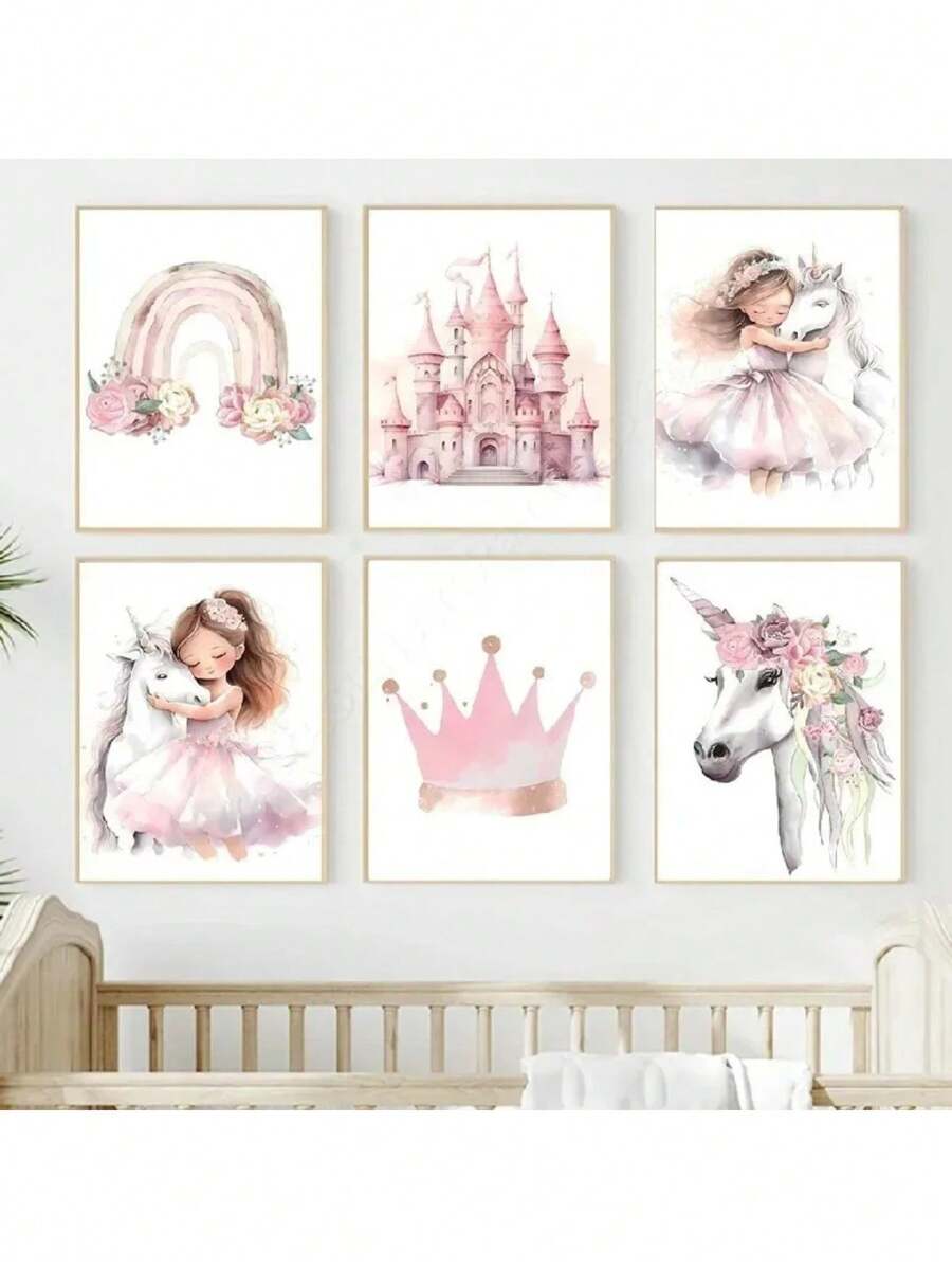 1PC Pink Princess Rainbow Unicorn Castle Crown Wall Art Canvas Painting Poster & Print Pictures For Girl Kids Room Decor No Frame