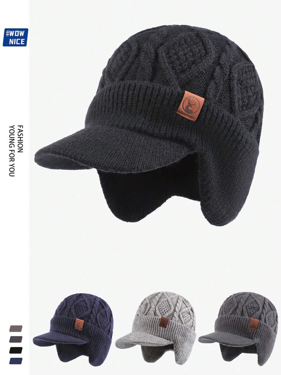 Winter Ear Warmer Thickened Lined Men Beanie Hat, Vintage Thick Faux Wool Knitted Baseball Cap With Brim For Women, Warm Knitted Hat With Brim And Ear Flaps For Outdoor Warmth, Best Holiday Gift For Dadwinter Hat