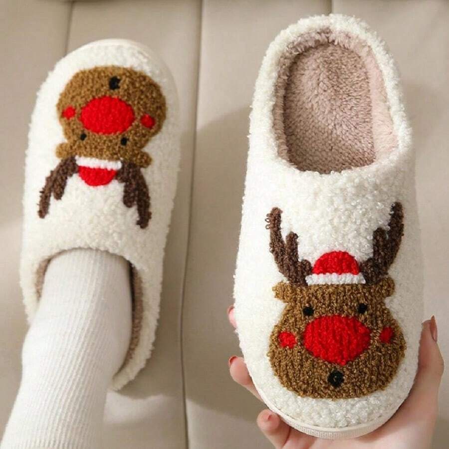 Pantoufles molles en peluche de renne de Noël d'automne/hiver, unisexe, chaudes, antidérapantes, pour couple, pour intérieur