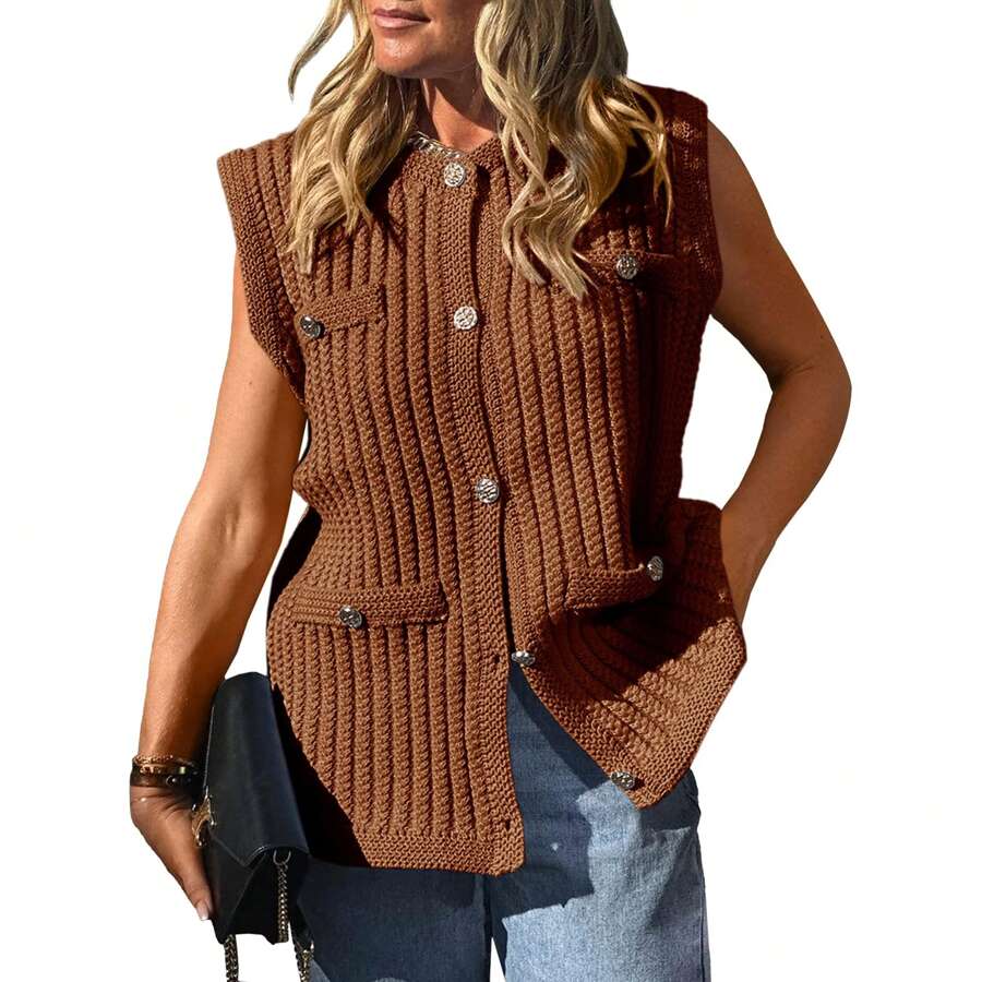 Womens Sleeveless Sweater Vest Button Up Cable Knit Crew Neck Casual Loose Summer Cardigan