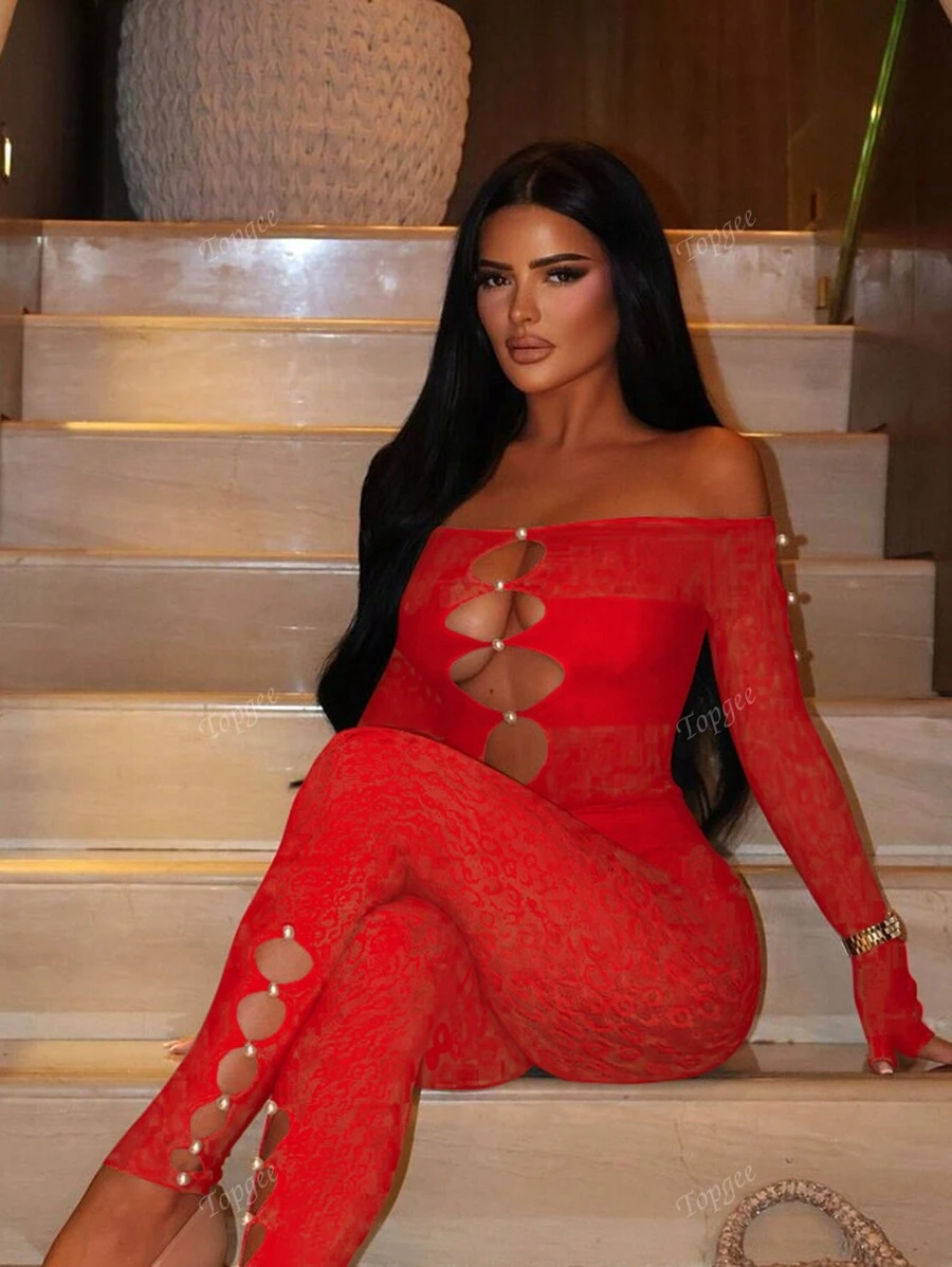 Women's Fashionable Lace Jumpsuits With Hollow-Out Design, Sexy Bodycon Style