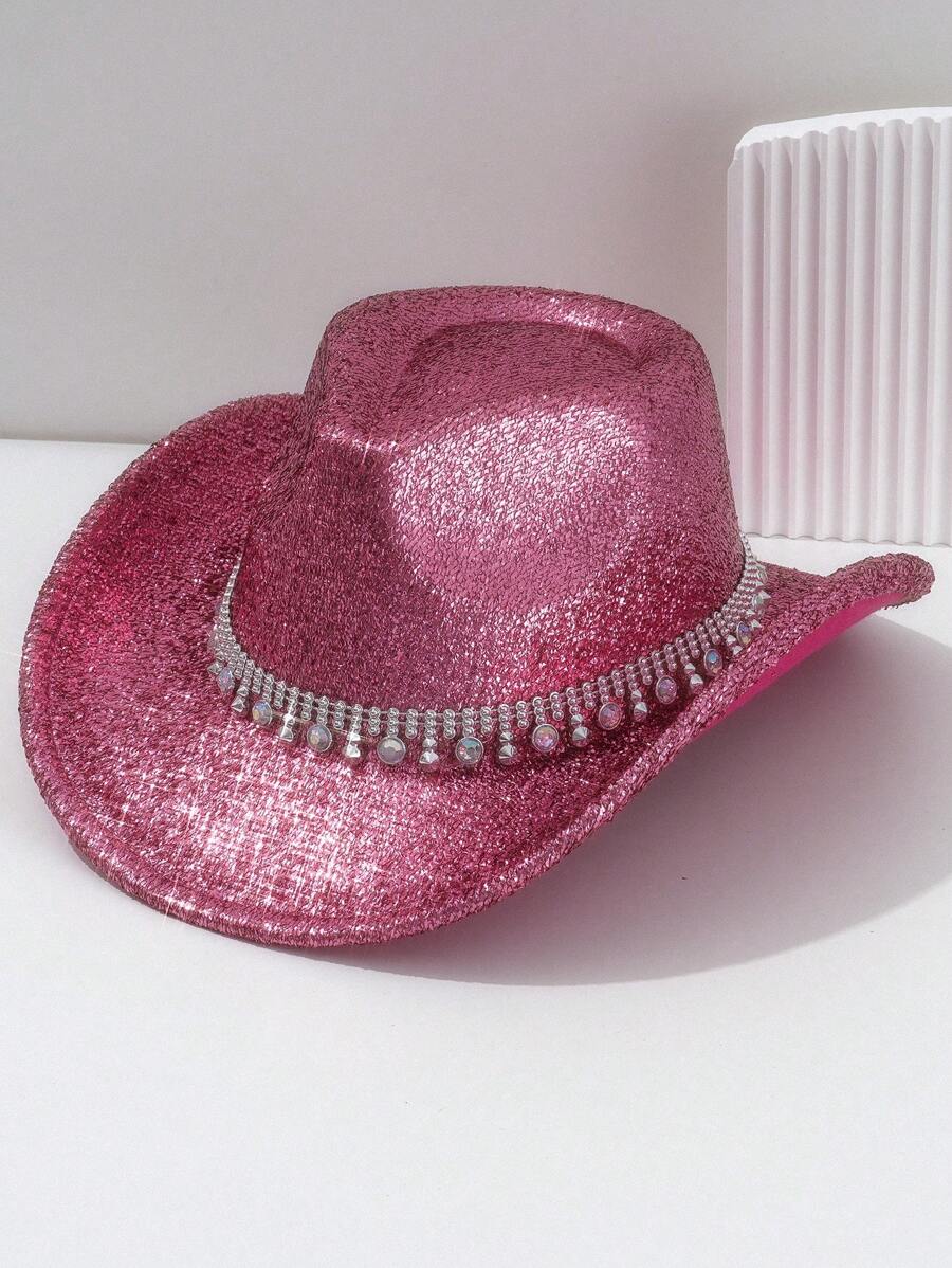 1 Peça Chapéu Cowboy Sólido com Laser, Decoração Brilhante de Strass, Estilo Goth de Rua, Ciberpunk Neon, Estilo Y2K, Moda e Elegante, Cor Brilhante e Vibrante para Primavera/Verão, Moda de Luxo, Adequado para Festa, Festival de Música, Piquenique, Eventos de Tema Oeste, Dia dos Namorados