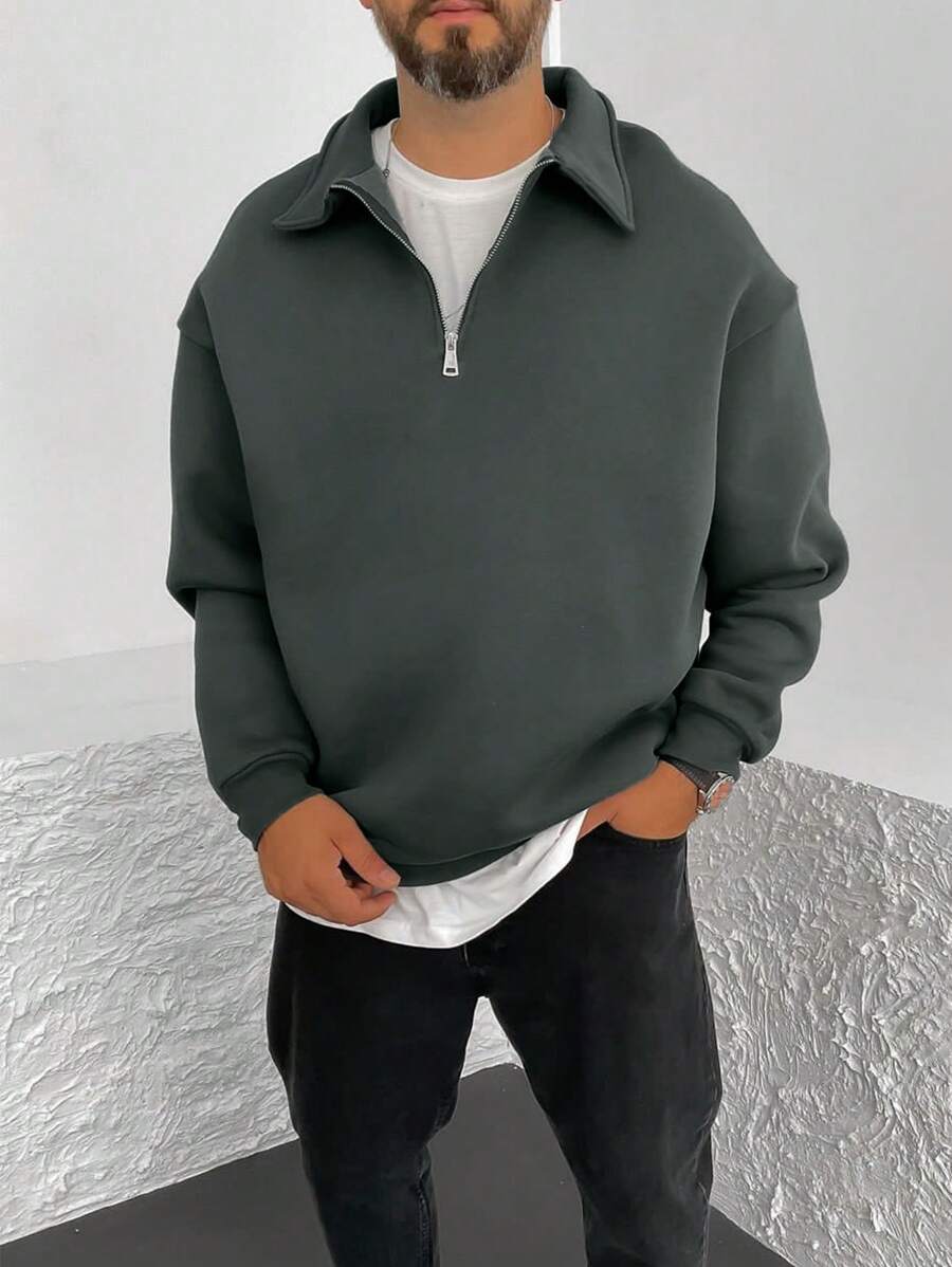 Sudadera casual de hombre con cremallera y cuello en color liso