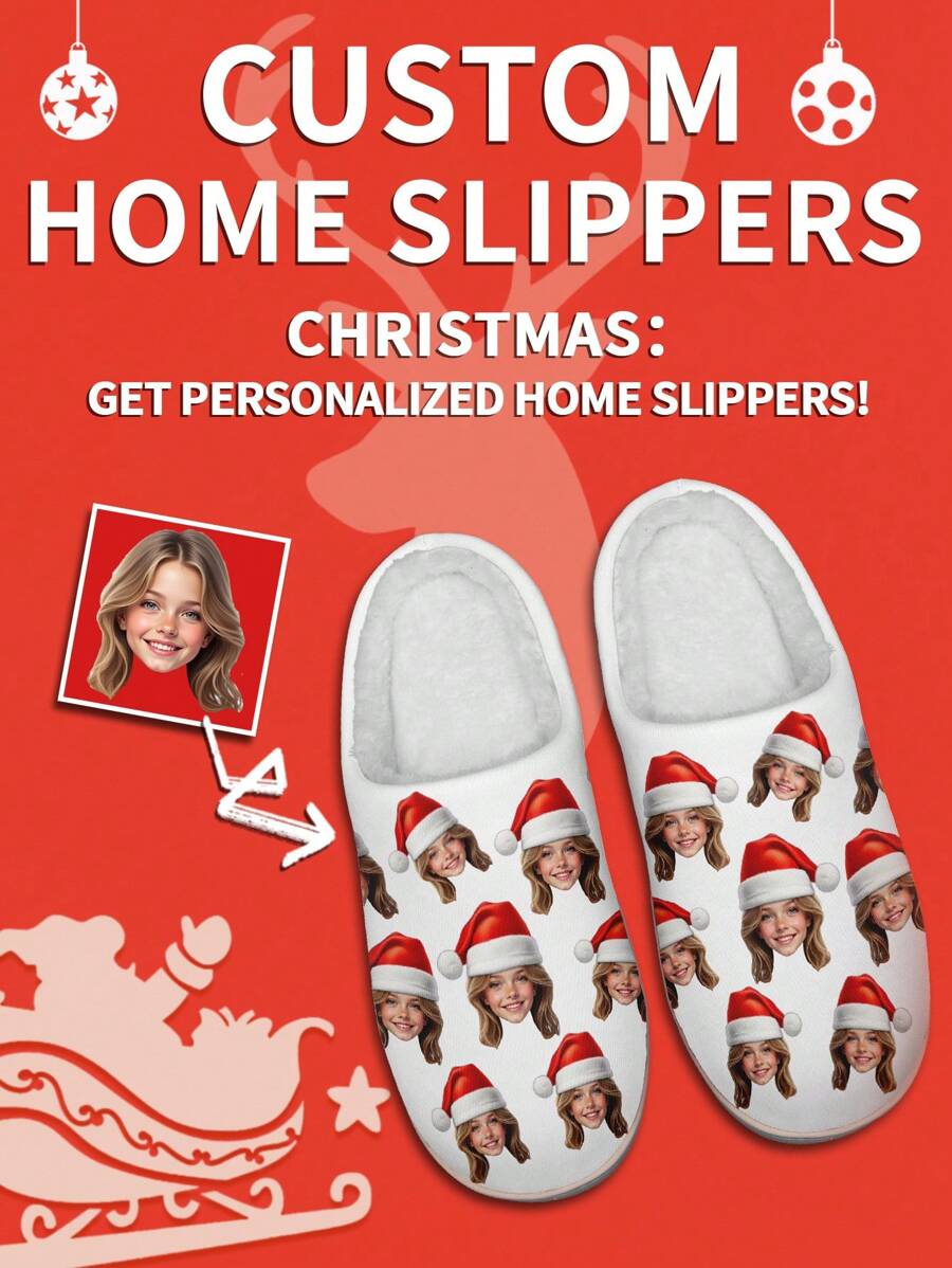 1 Pair Christmas Custom Home Slippers, Personalized Santa Photo Home Slippers, Custom Christmas Hat Thick Sole Home Slippers, Personalized Home Slippers, Photo Home Slippers, Personalized Home Slippers For Women, Personalized Home Slippers, Halloween Gift, Funny Gift 