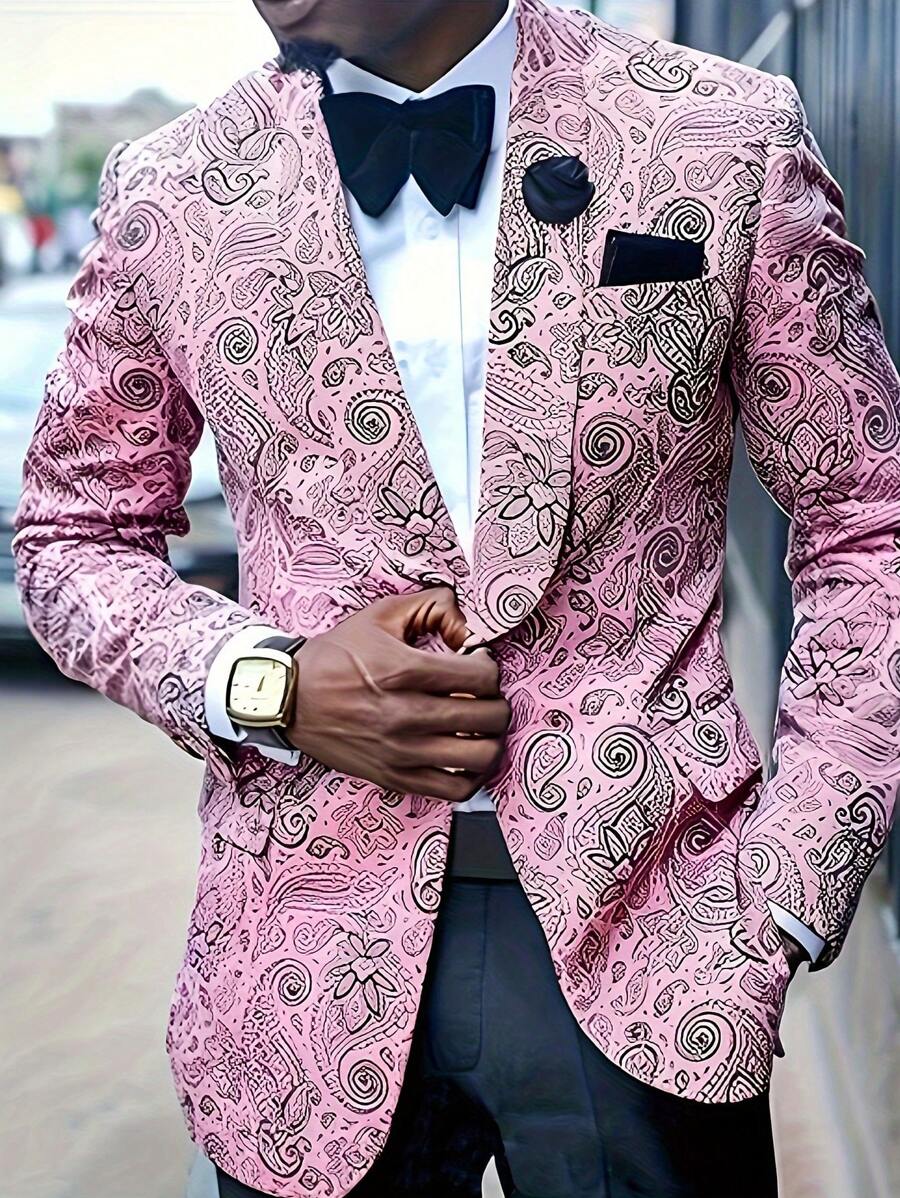 Plus Size Casual Lapel Collar Single Button Paisley Flower Print Fitted Blazer