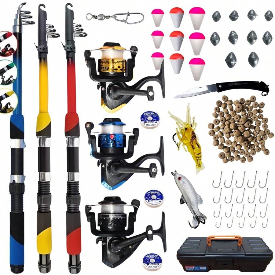 Kit completo de pesca com 3 varas telescópicas + 3 Molinetes Ultra Light + Maleta com acessórios e iscas