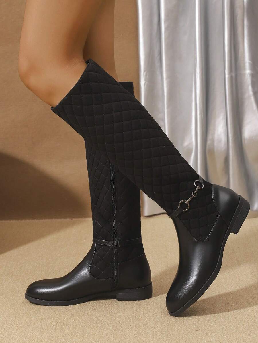 Botas altas para mujer cómodas y antideslizantes para otoño/invierno 2024, con decoración metálica bordada, botas negras casuales y versátiles con cremallera lateral hasta la pantorrilla, suela gruesa y punta redonda, estilo vaquero occidental