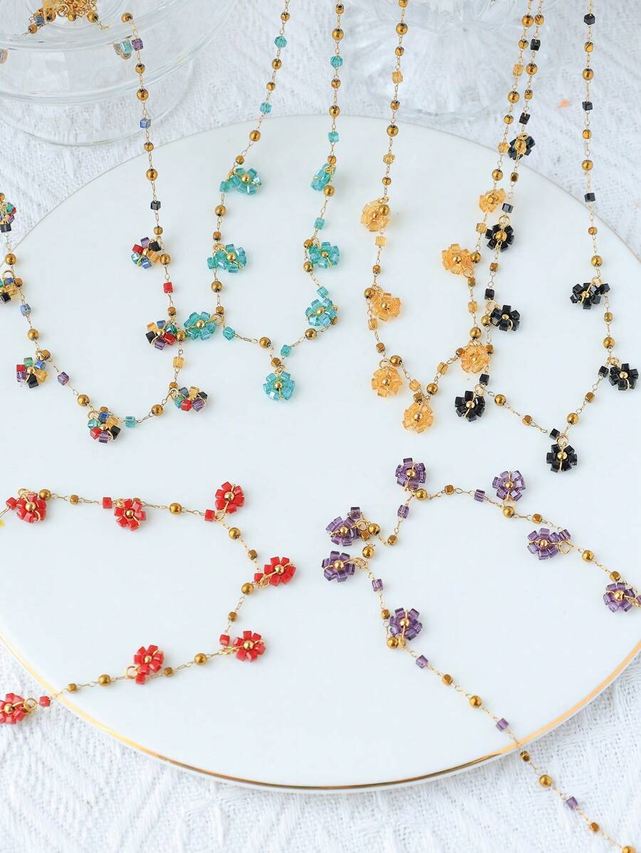 Mazuer 1pc Vintage Gold-Tone Summer Beach Sea Versatile Simple Elegant Design Glass Beads & Seed Pearls Floral Necklace, Suitable For Dates, Teachers' Day, Graduation, Thanksgiving Gifts, Festivals, Parties, Daily Commute, Vacation