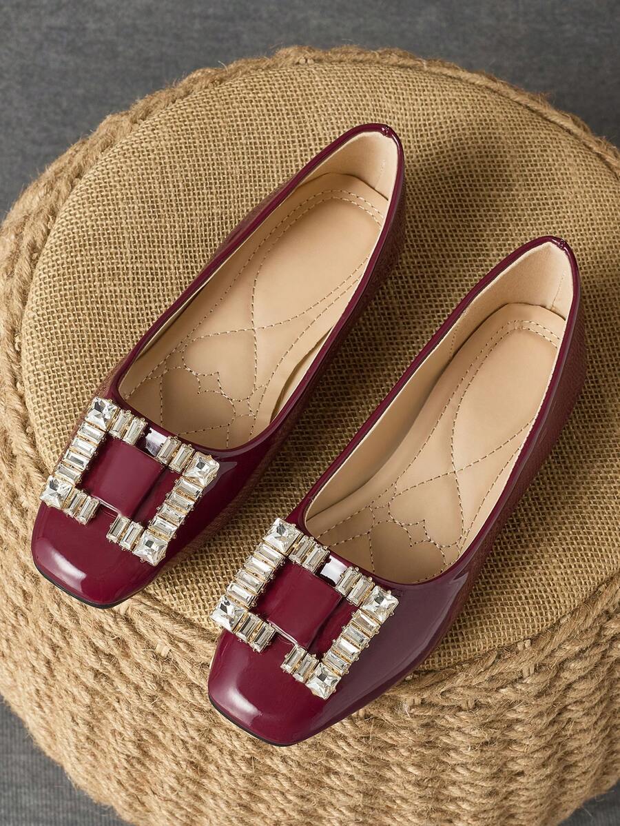 Women's Square Toe Vintage Soft Bottom Shoes, Patent Leather Rhinestone Decorated Casual Slip-On Flat Boat Shoes