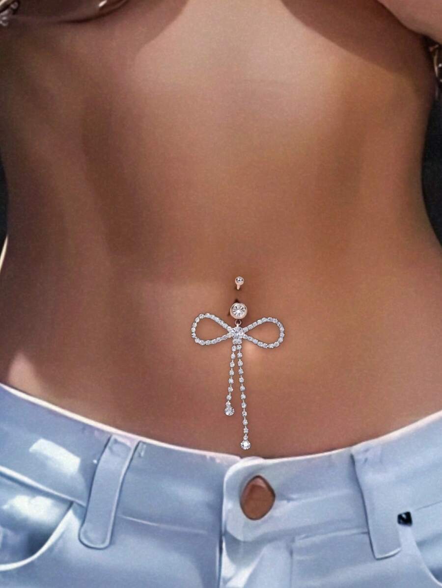 1pc Fashion Tassel Bow Belly Button Ring For Women, Nightclub, Valentine's Day, Daily Wear Piercing Jewelry Valentines,Mom,Mother,Mother's Day,Gift