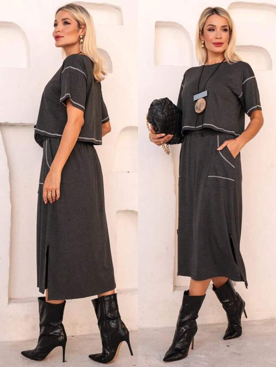 Conjunto Blusa Saia Veste 38 ao 46 Plus Size Acinturato Elegante Estiloso Midi Viscolycra Max Saruel Feminino Bolsos Laterais