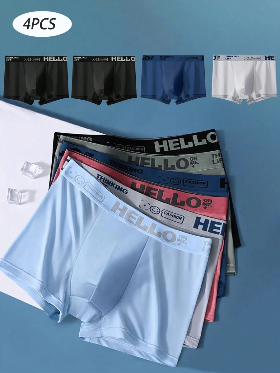 4 Pieces Men's Ice Silk Underwear Printed Waist Lightweight Breathable Sports Boxer Shorts