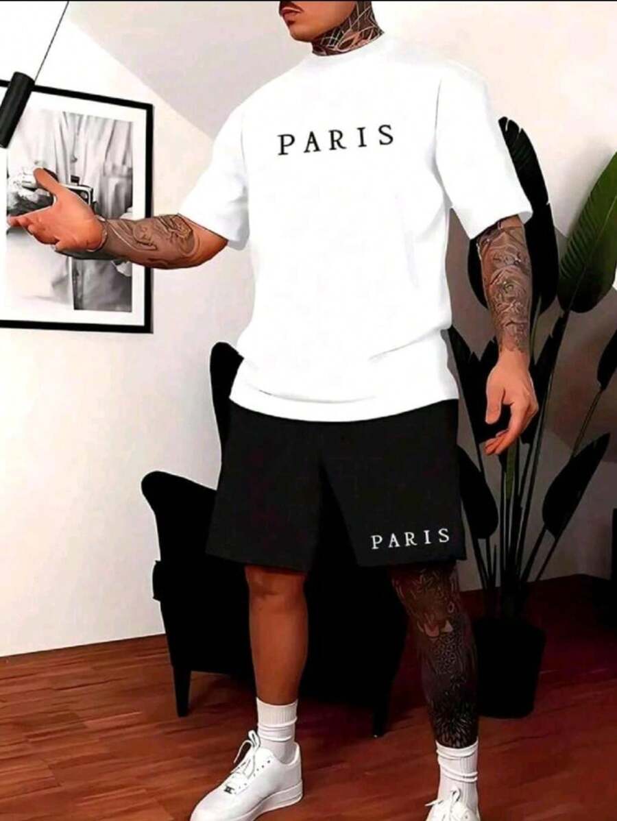 Conjunto de Shorts com Cordão Tactel e Camiseta Casual de Manga Curta com Estampa de Letras Redonda para Homens no Verão