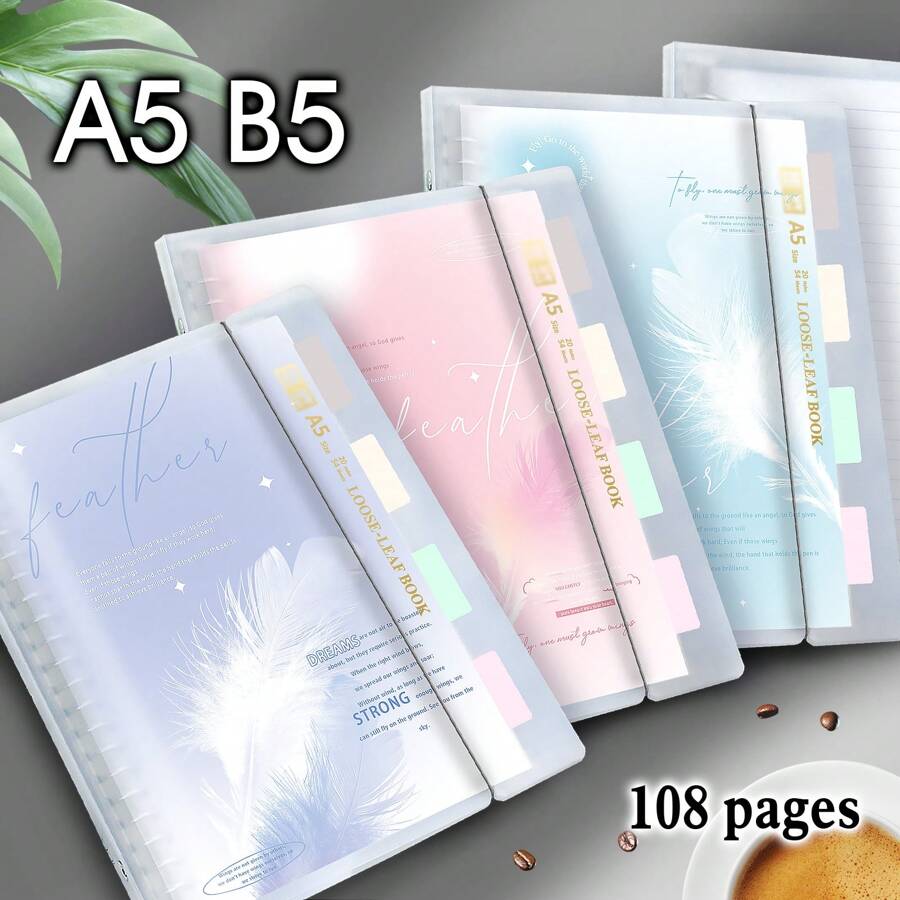 1pc,A5/B5,54sheets,108pages,Binder,Indexing Notebook,Feather Planner,Removable Loose-Leaf,Office,School Supplies,Multicolor Bookmark Binder,School Supplies,Back To School