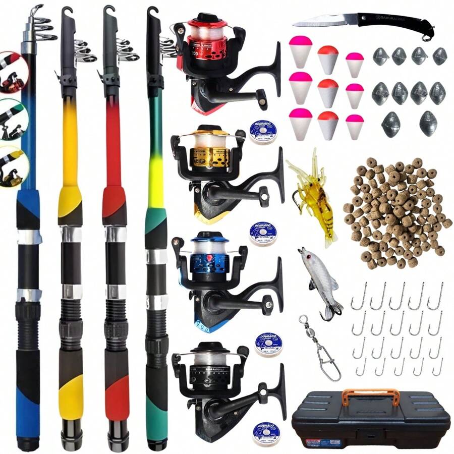 Kit completo de pesca com 4 varas telescópicas + 4 Molinetes Ultra Light + Maleta com acessórios e iscas