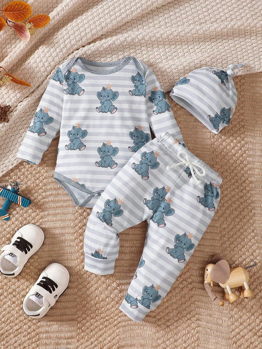 3 stuks/set babyjongens schattige olifant bedrukte romper met lange mouwen + vaste trekkoordbroek + hoed, casual en comfortabel