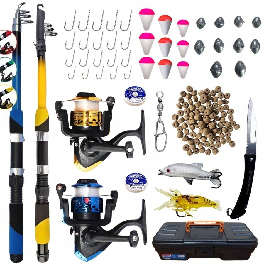 Kit completo de pesca com 2 varas telescópicas + 2 Molinetes Ultra light + Maleta com iscas e acessórios