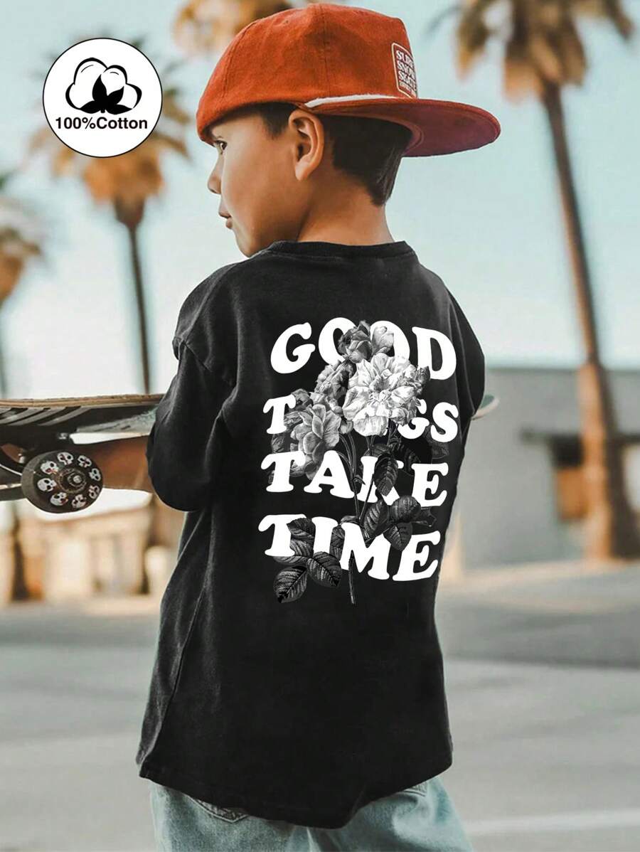1st Jongens Casual Bedrukt Ronde Hals Korte Mouw T-shirt, Zomer Studentenkleding