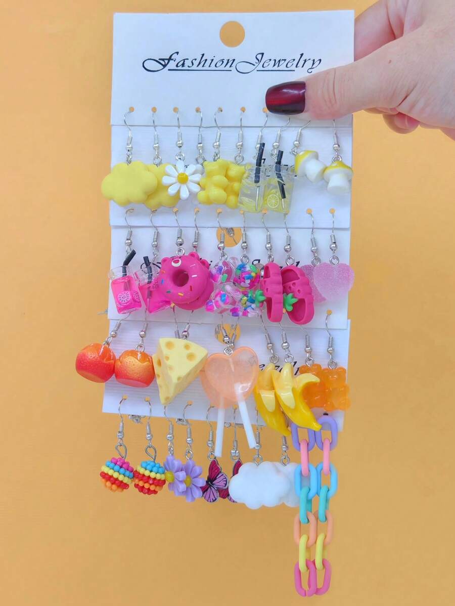 40 piezas Conjunto de pendientes combinación de estilo europeo y americano con oso lindo de dopamina, mariposa, cadena colorida, borlas, y dijes de comida falsa novedosos