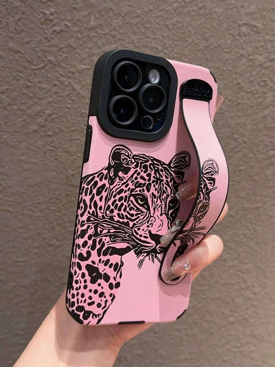 Pink Leopard Pattern PU Leather Shock-Proof Painted Phone Case Compatible With Apple Phones