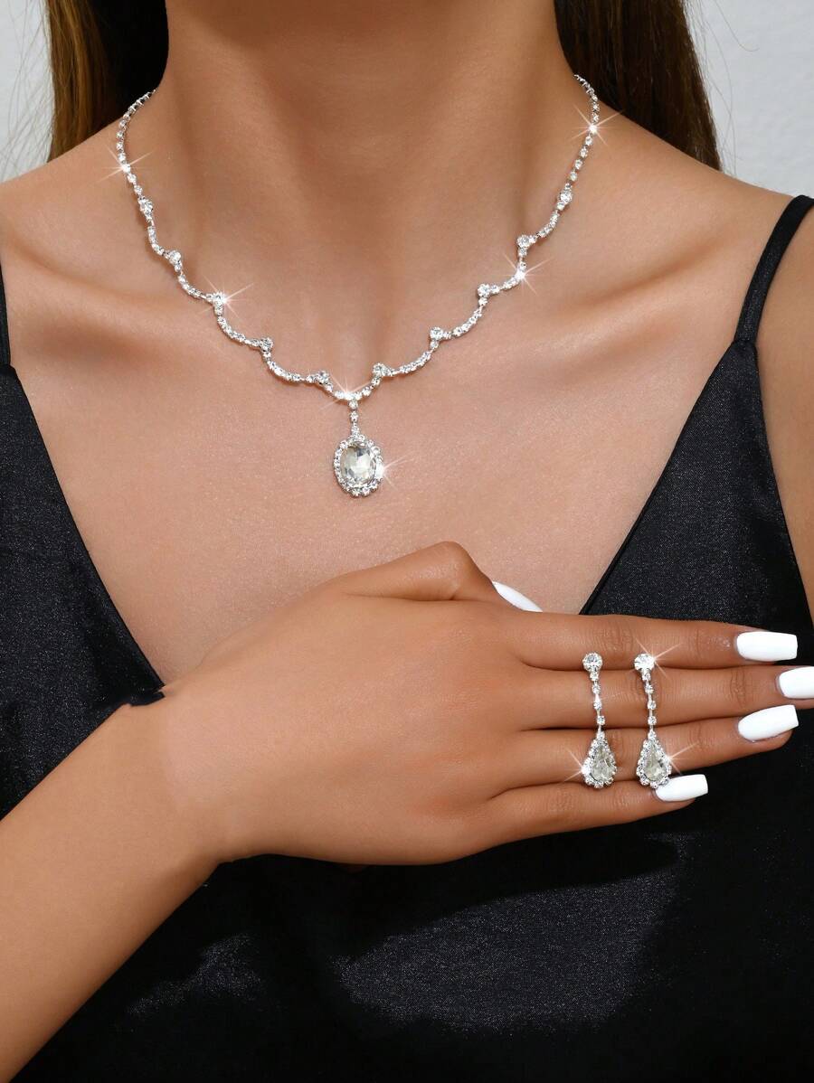1 Set Hochzeitsschmuck, modisches, glamouröses Halsketten- und Ohrringe-Set für Hochzeiten, Partys