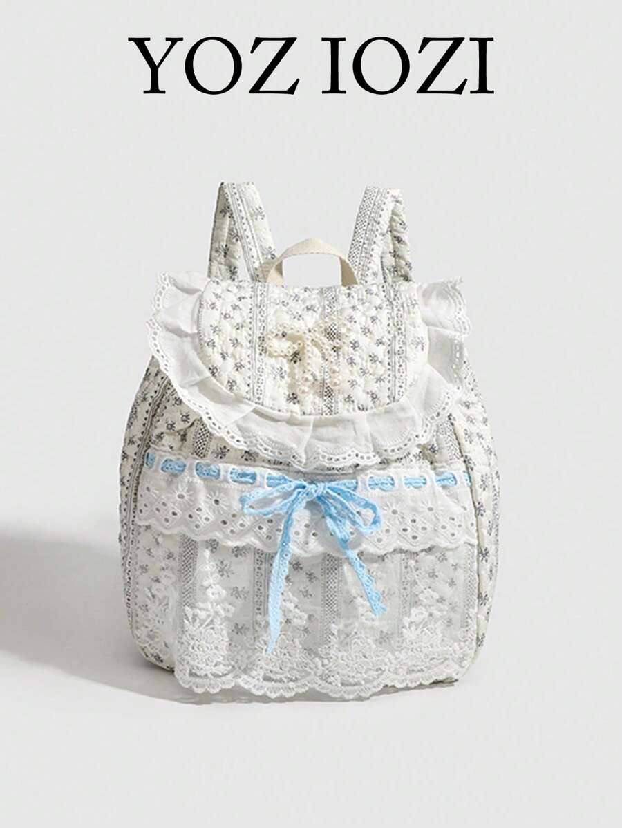 Mochila con lazo de encaje con estampado floral disperso, diseño versátil y elegante para estudiantes universitarios y salidas, diseño lindo y fresco, bolso escolar para el campus