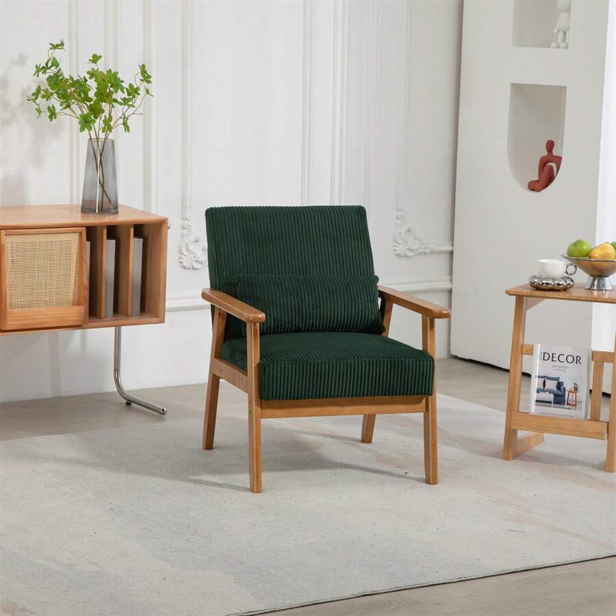 Leisure Chair With Solid Wood Armrest And Feet, Leisure Chair, Wood Frame, Velvet, L, Solid Rubber Wood Legs, Mid-Century Modern Accent Chair, For Living Room Bedroom Studio Chair
