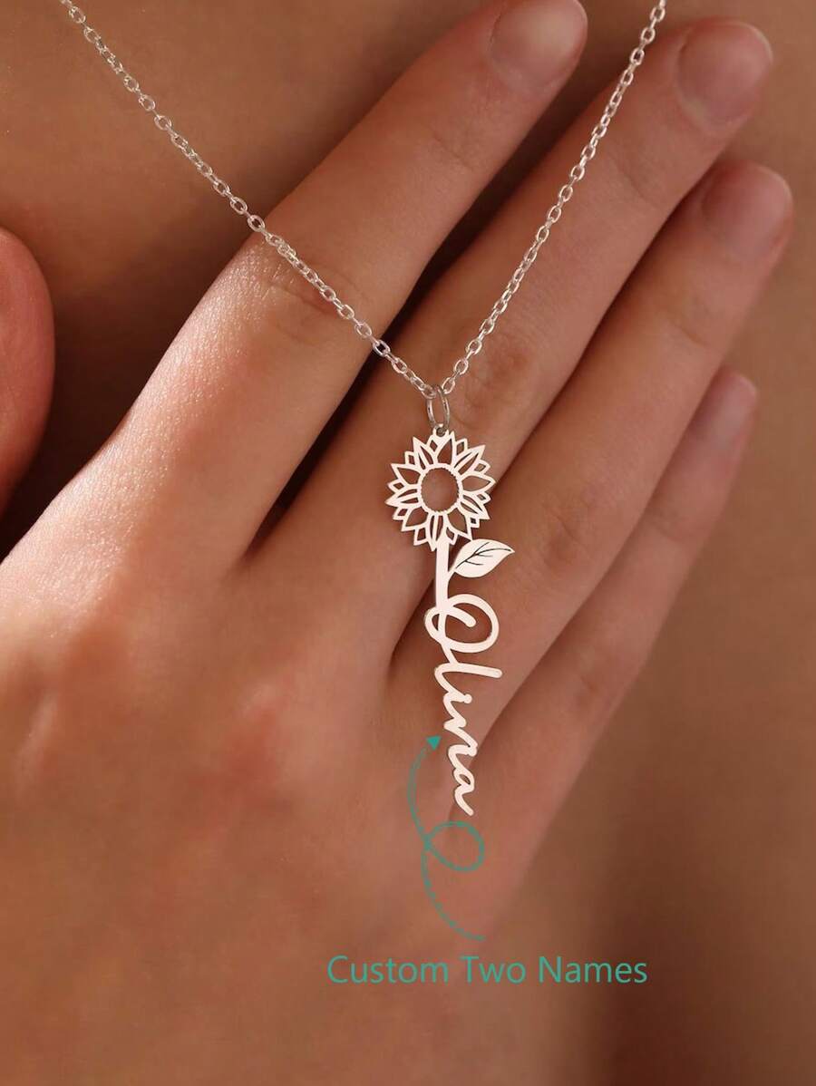 Collar personalizado con girasol y nombre para mujer, joya personalizada como regalo para mamá, joyería hecha a mano con flor, regalo para esposa, collar con placa de nombre
