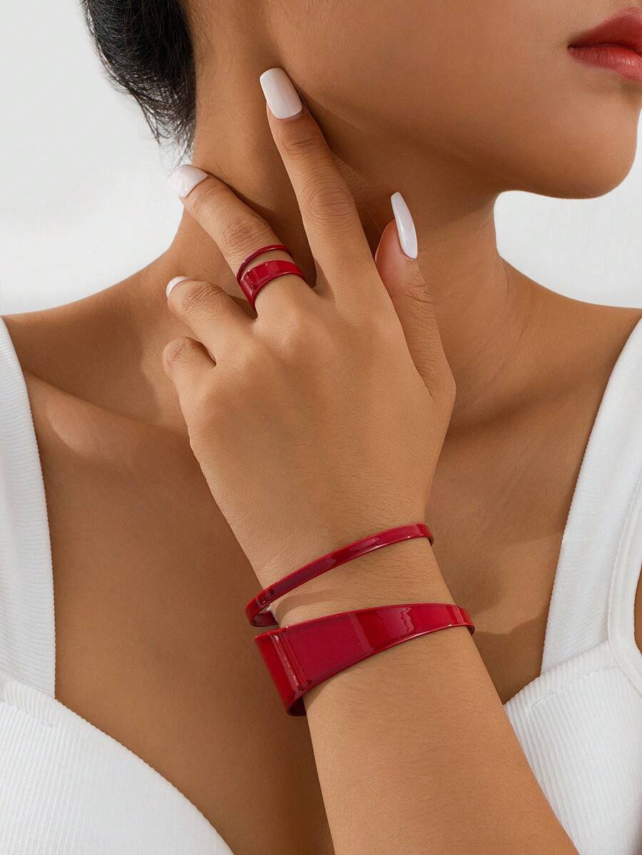 1 conjunto minimalista oco geométrico dupla camada linha pulseira e anel conjunto de joias, presente para mulheres